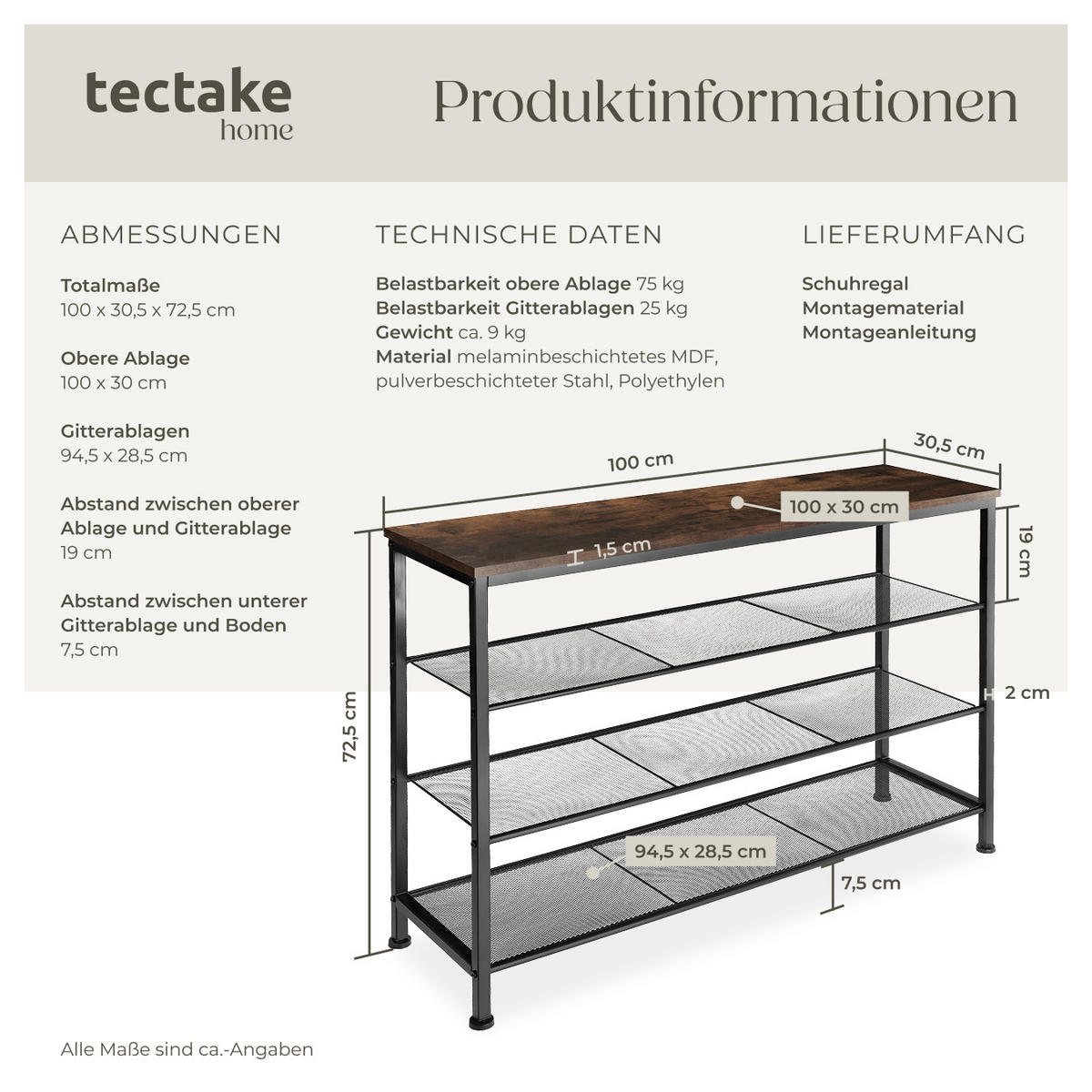 SCHUHREGAL Portsmouth,100 x 30,5 x 72,5 cm,Industrial Holz dunkel, rustikal - Rostfarben, Metall (30.5/72.5/100cm) - tectake