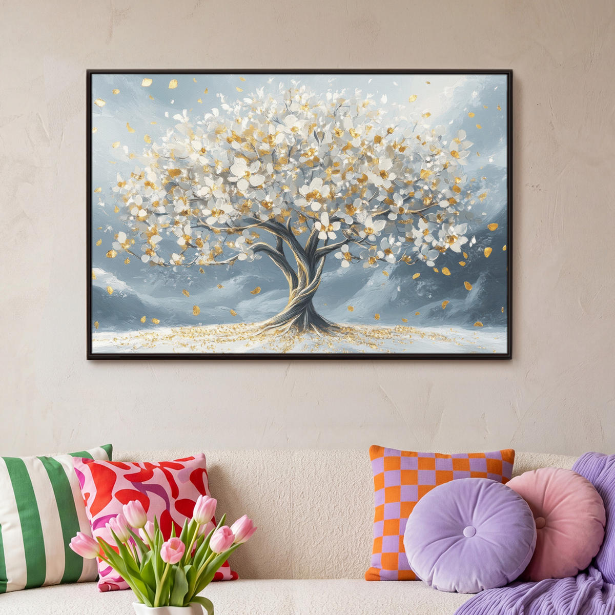 LEINWAND Bilder mit Rahmen - Baum - Winter - Baum des Lebens - Modern - Gold - 90x60 - Goldfarben, Textil (90/60cm) - MuchoWow