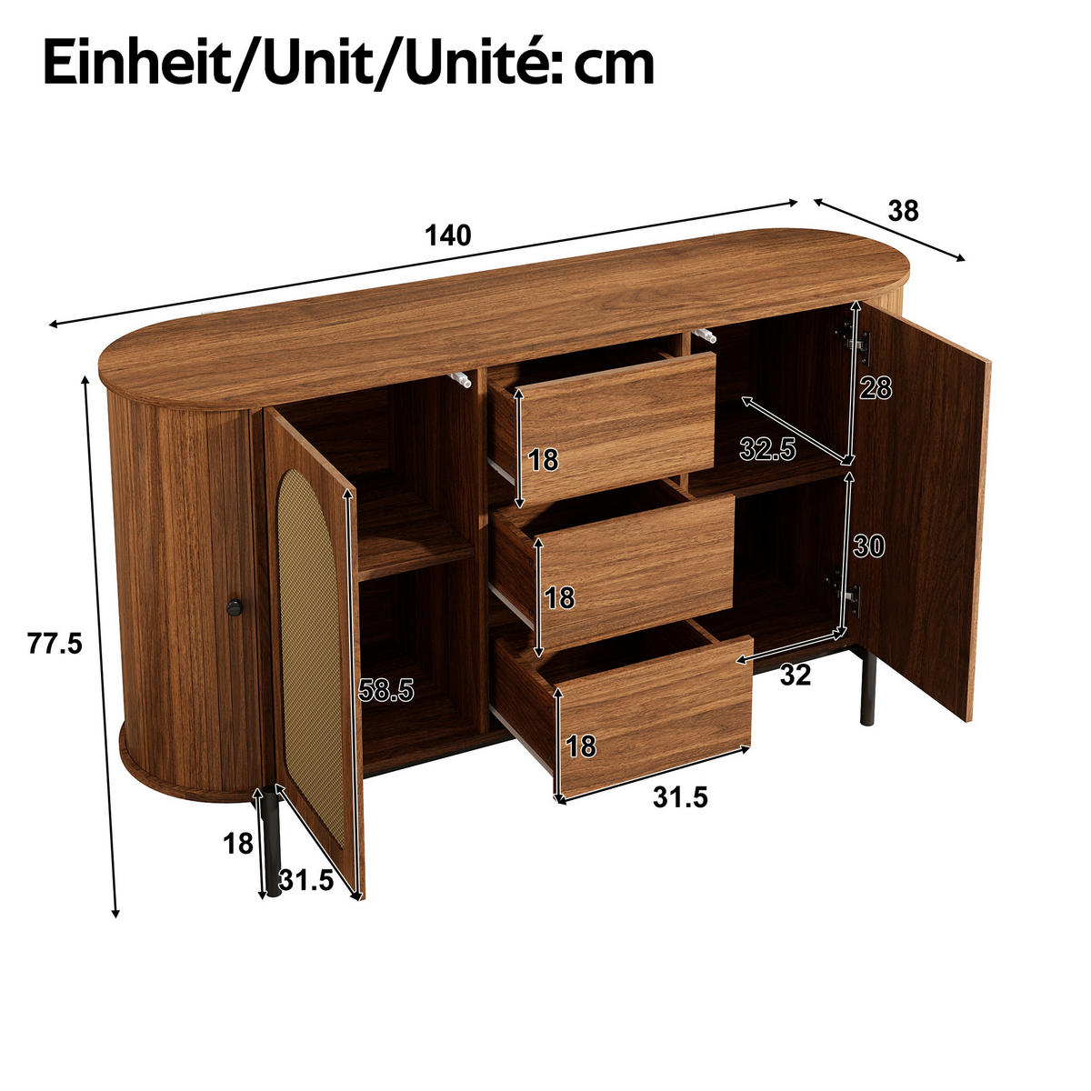 SIDEBOARD in Holzoptik Ovaler Aufbewahrungsschrank mit verstellbare Einlegeböden und Schiebetüren, B140/T38/H77,5(cm) - Schwarz/Braun, Holzwerkstoff/Metall (140/77.5/38cm) - STILVORA