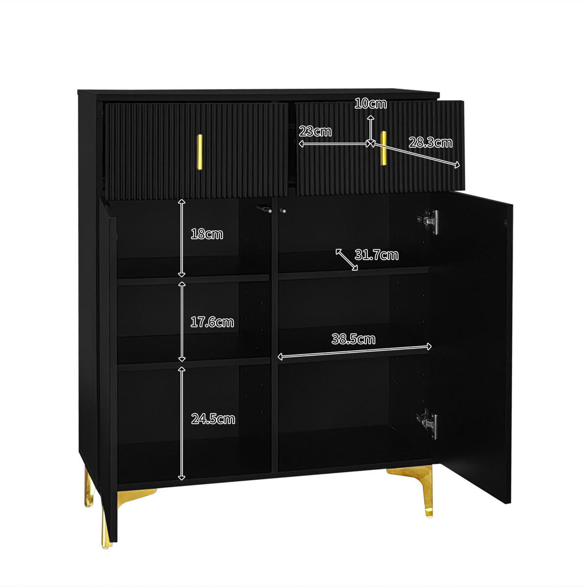 SCHUHSCHRANK Sideboard Schwarz mit Schubladen, Push-to-Open und goldenen Akzenten - Schwarz, Holz (83/101/35cm) - PARAFTA HOME