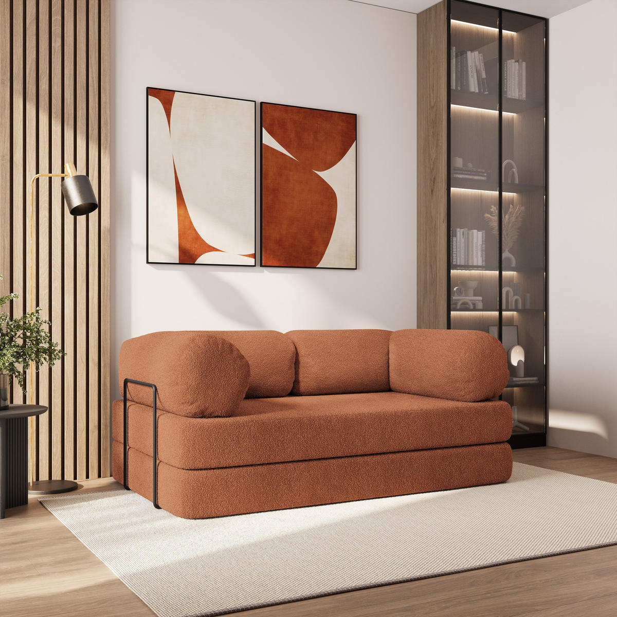 BETTSOFA EIREN aus Schaumstoff Bucle-Stoff Orange Schlaffunktion - Orange, Textil (170/68/80cm) - MASSENO