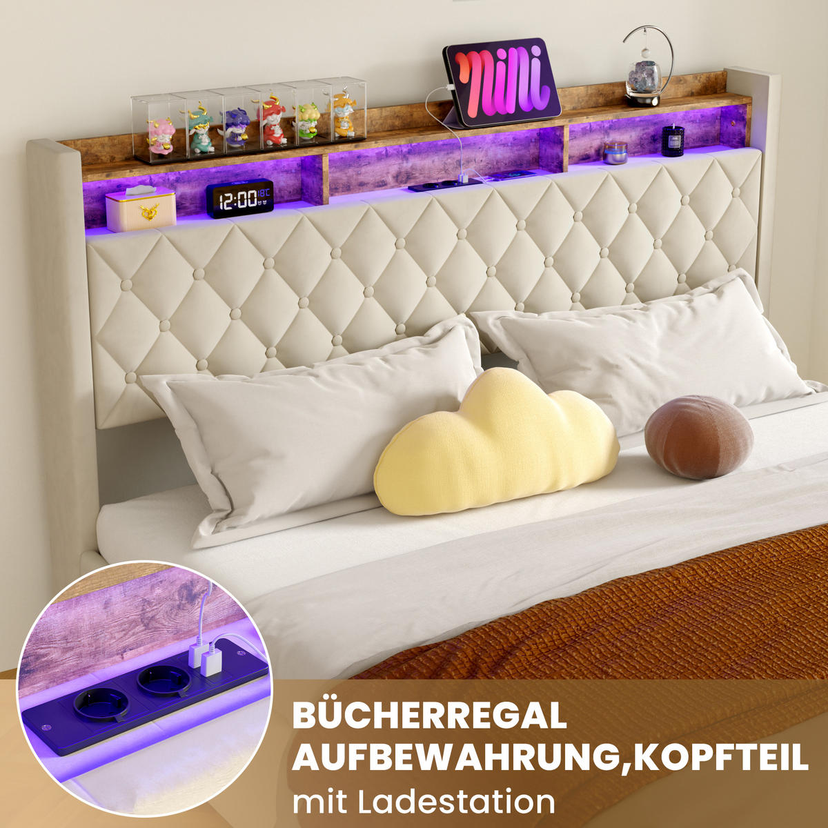 POLSTERBETT 180/200 cm Beige mit LED-Lichtleiste und USB-Anschlüssen - Beige, Holzwerkstoff (180/200cm) - OKWISH