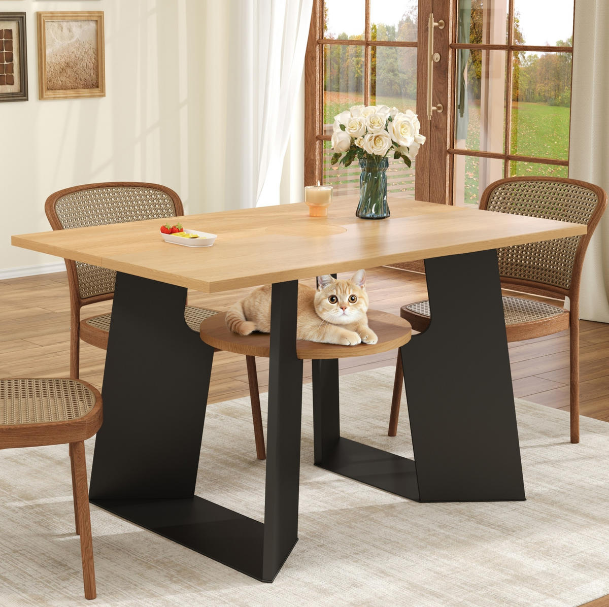 ESSTISCH 130/85/75 cm mit Haustierbereich, Abdeckplatte und Ablage, MDF, Schwarz/Natur - Schwarz, Holzwerkstoff (130/85/75cm) - Redom
