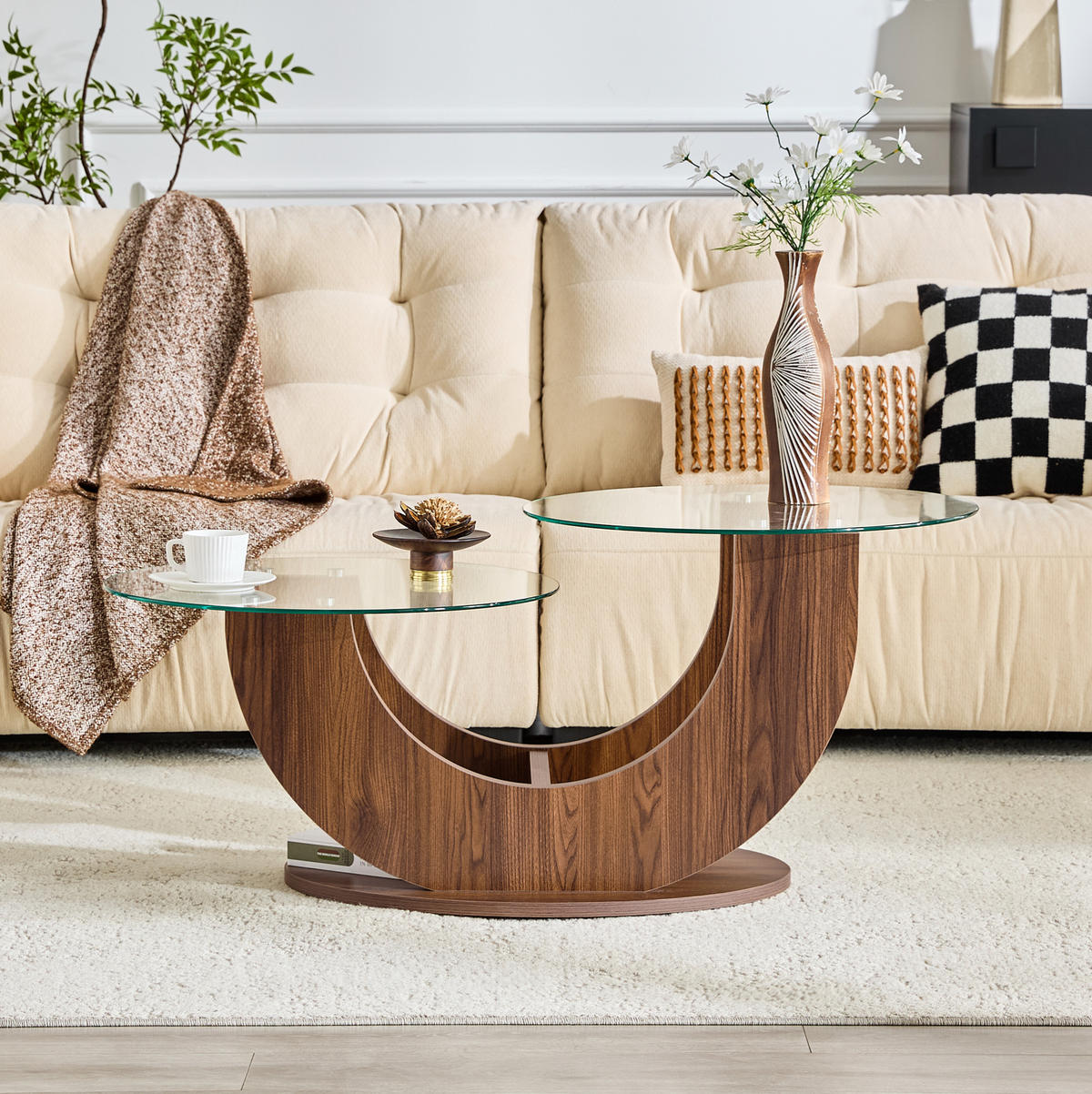 RUNDER Couchtisch 80,8/66,8/49,8 cm mit 2 Glasplatten und offenem Stauraum, Transparent/Walnuss - Transparent, Holzwerkstoff (80.8/66.8/49.8cm) - Redom