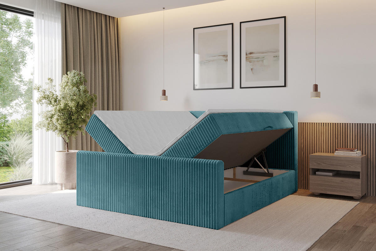 BOXBETT mit Matratze H4 und Lattenrost - TOLO-Z - 200x200 Cord - Blau - Blau, Holzwerkstoff (200/200cm) - ALTDECOR