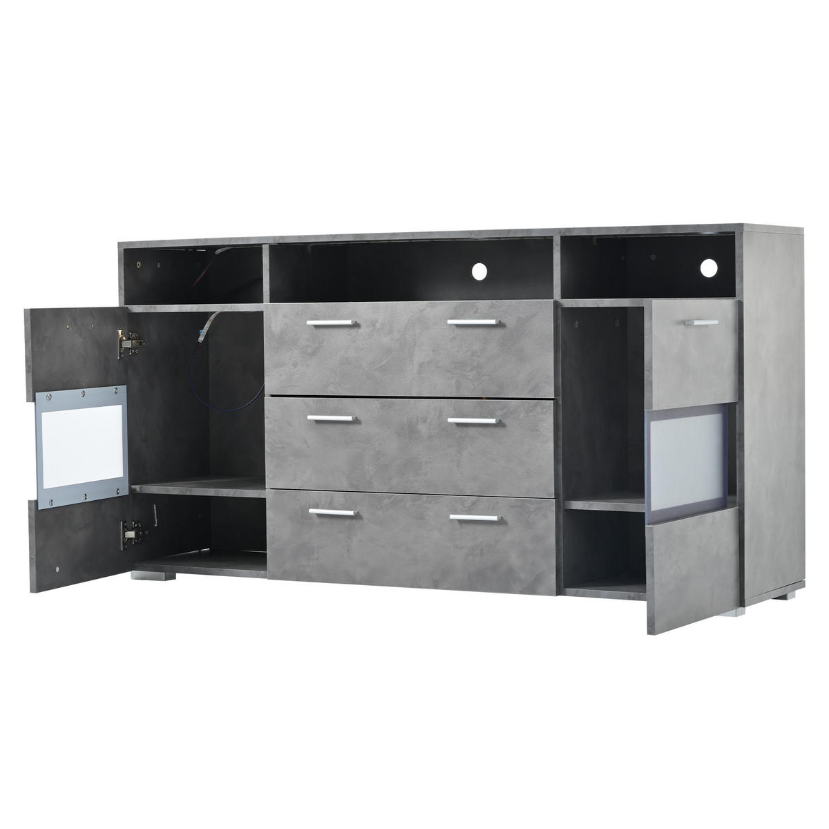 SIDEBOARD in Grau mit LED und transparenten Acryltüren, 2 Türen und 3 Schubladen, 140/33,5/72,5 cm，Grau - Grau, Holzwerkstoff (140/72.5/33.5cm) - Redom