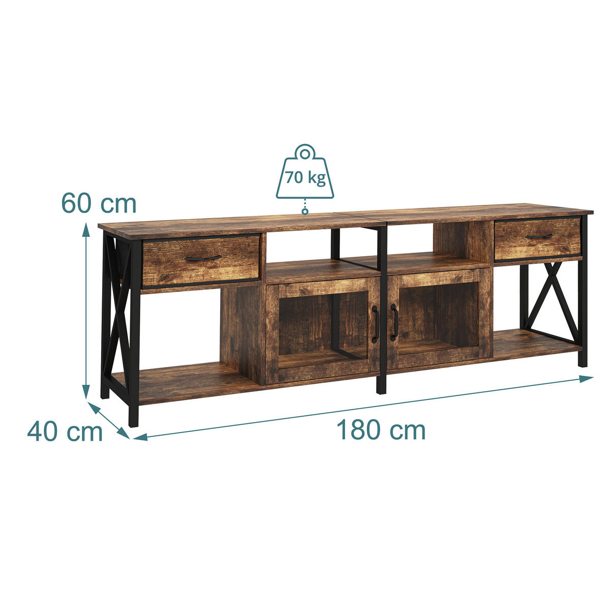 TV-LOWBOARD Braun Schwarz Industrial mit Stauraum 180 cm - Braun, Holzwerkstoff/Textil (180/60/40cm) - Relaxdays