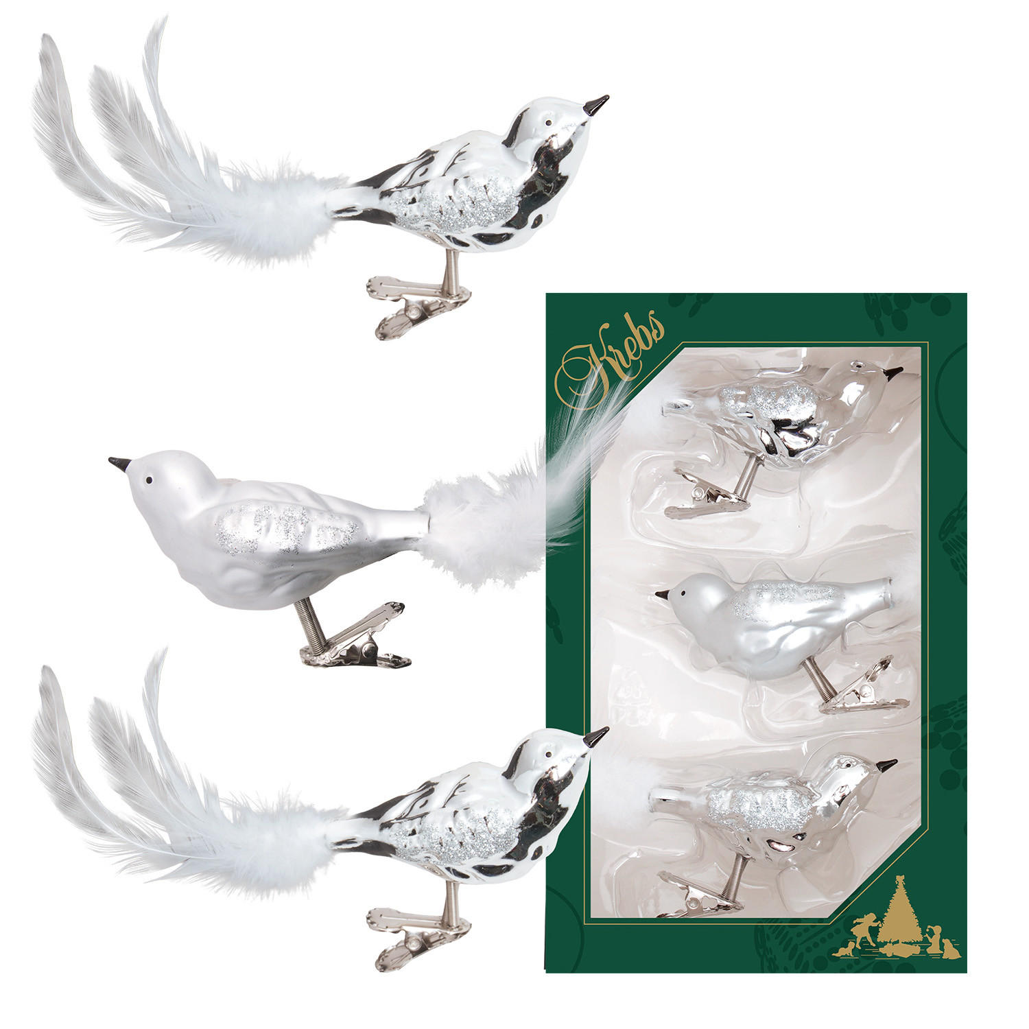 CHRISTBAUMSCHMUCK Wintervögel Weiß 9cm (Glas / 3 Stk.) - Weiß, Glas (4/4/9cm) - Krebs Glas Lauscha
