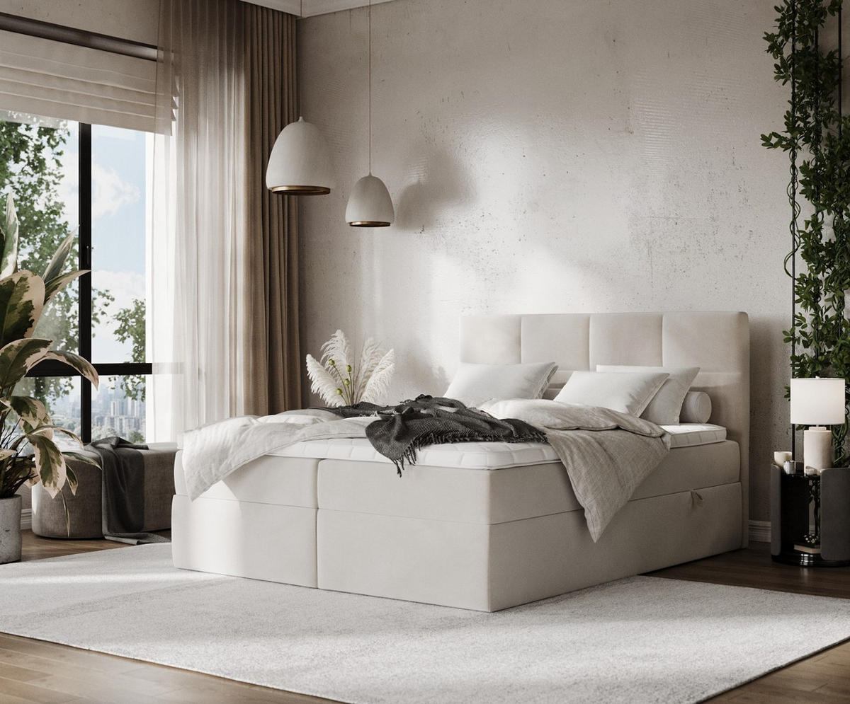 BOXBETT Oris 180/200 cm Hellbeige im Paros Stoff - Beige/Schwarz, Holz/Holzwerkstoff (180/200cm) - AltaBeds