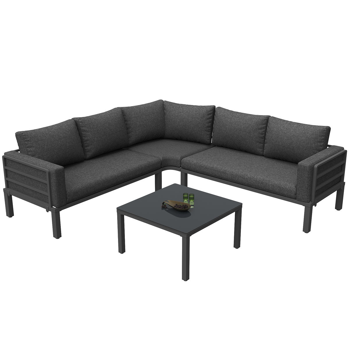 GARTENMÖBEL-SET 114/60/70,5 cm grau aus Eisen mit Glastisch und Kissen - Grau, Metall - OKWISH