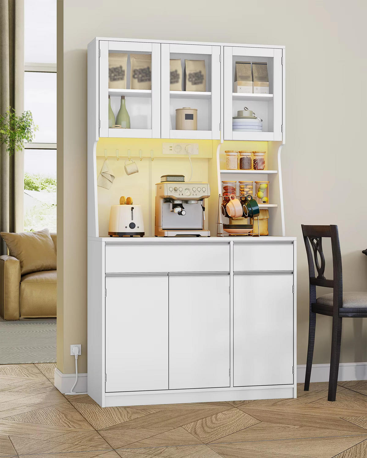 BUFFET Küche LED Licht Steckdosen 2 Schubladen Stauraum - Weiß, Holz (40/180/100cm) - Kaket