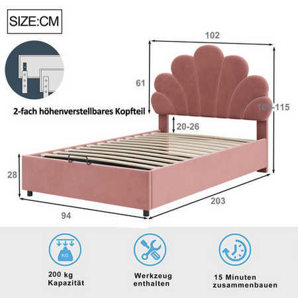 POLSTERBETT 90x200 Rosa Samt Stauraum - Pink, Textil (90/200cm) - FLIEKS