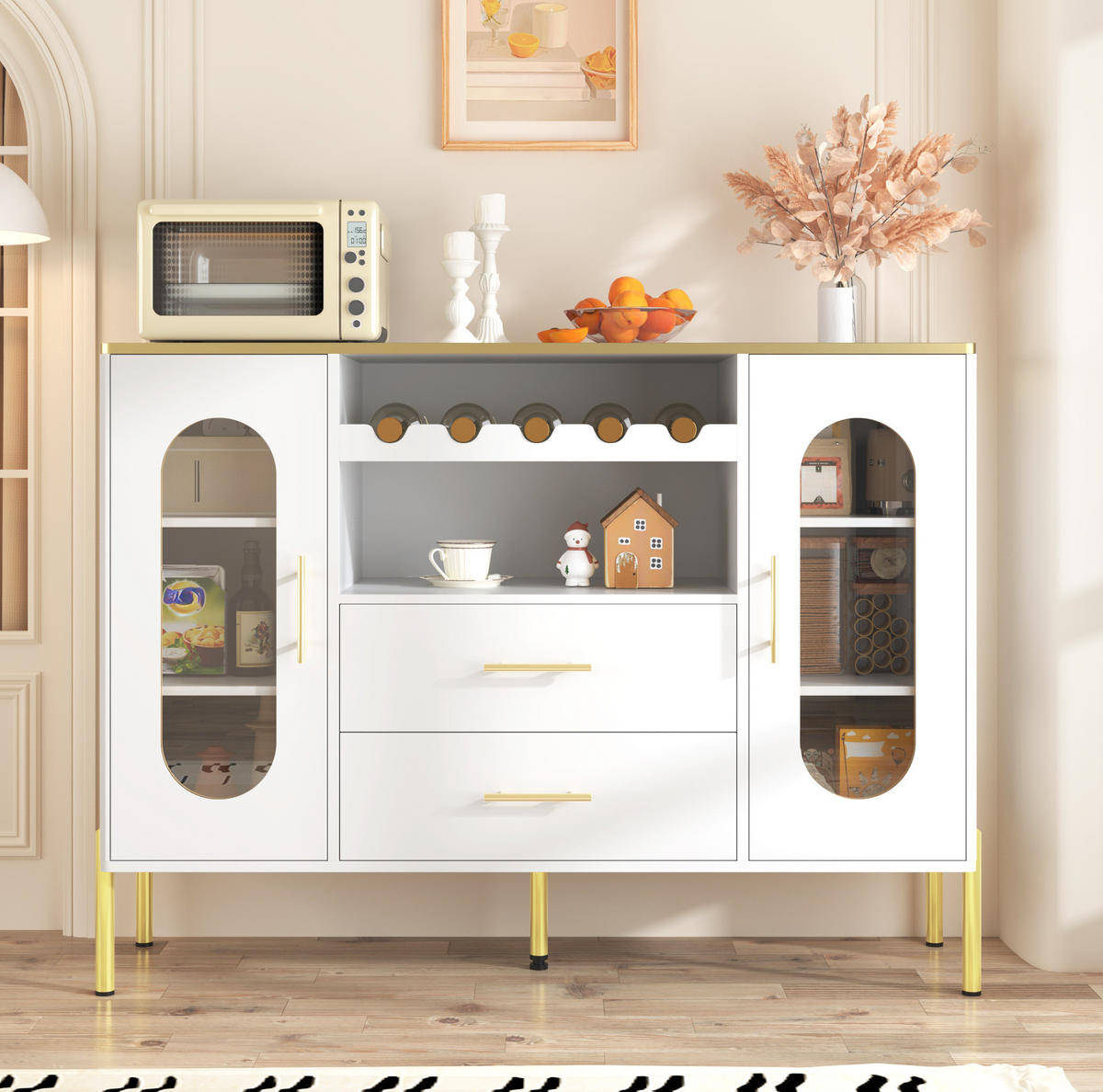 SIDEBOARD 120/38/90 cm Weiß aus MDF mit Glasfronten und Weinregal - Weiß, Holzwerkstoff (120/90/38cm) - OKWISH