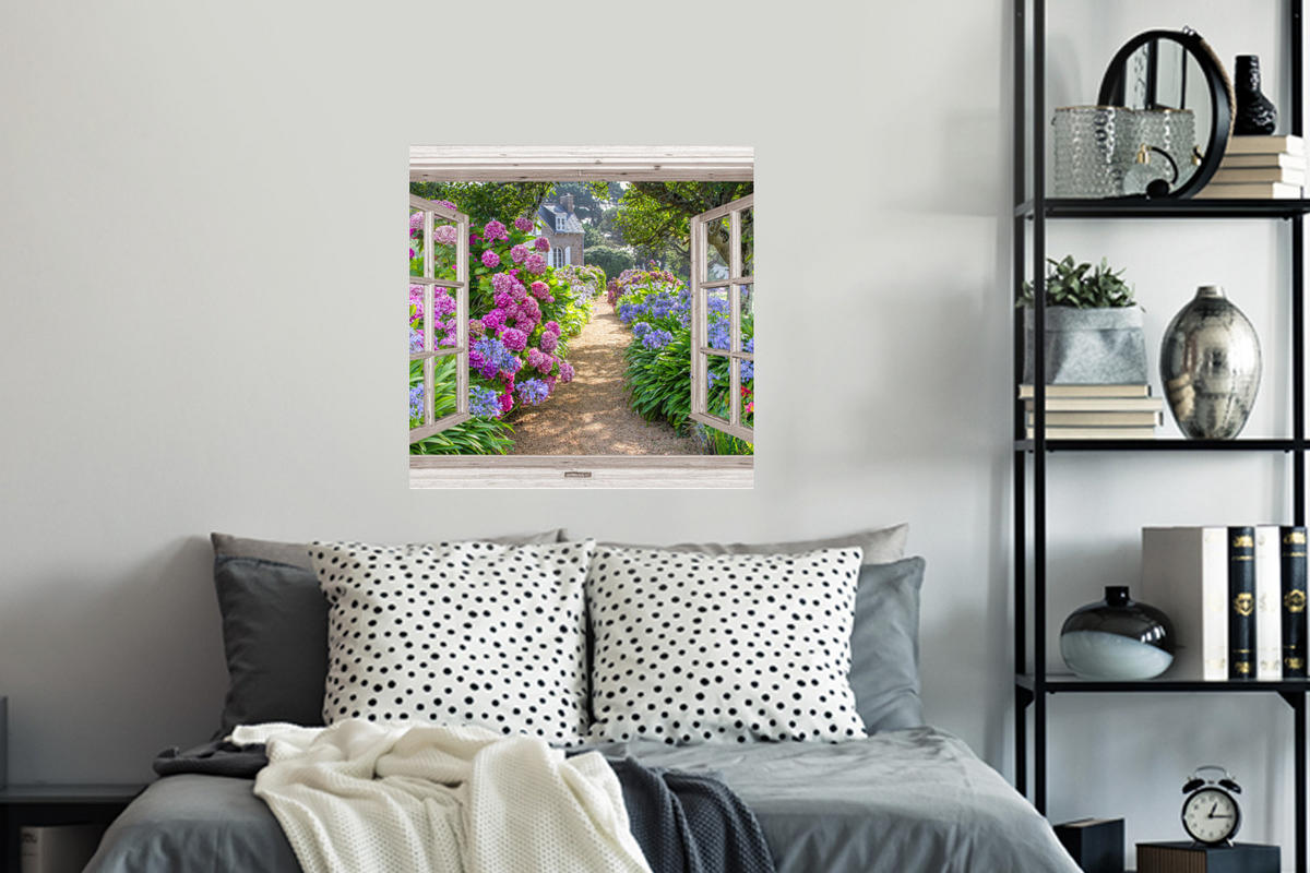 WANDTATTOO Hortensie - Fensterblick - Blumen - Sommer - Lila - Weg 50x50 cm - Lila, Kunststoff (50/50/0.1cm) - MuchoWow