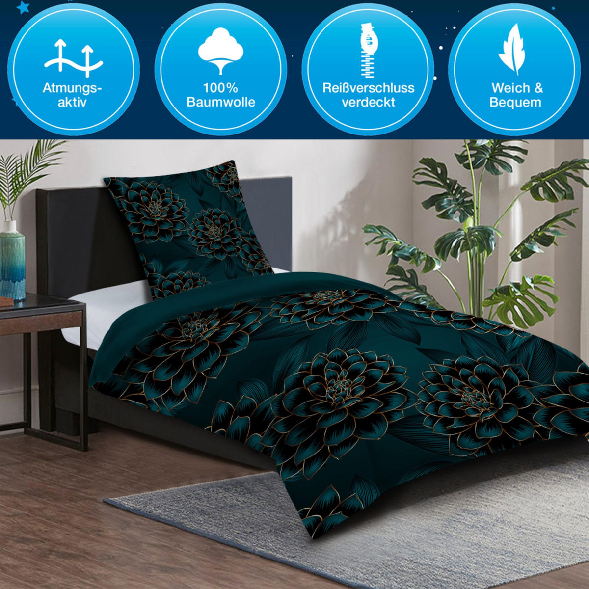 BETTWÄSCHE 4-teilig Dahlien - Blau, Naturmaterialien (135/200cm) - Sanilo