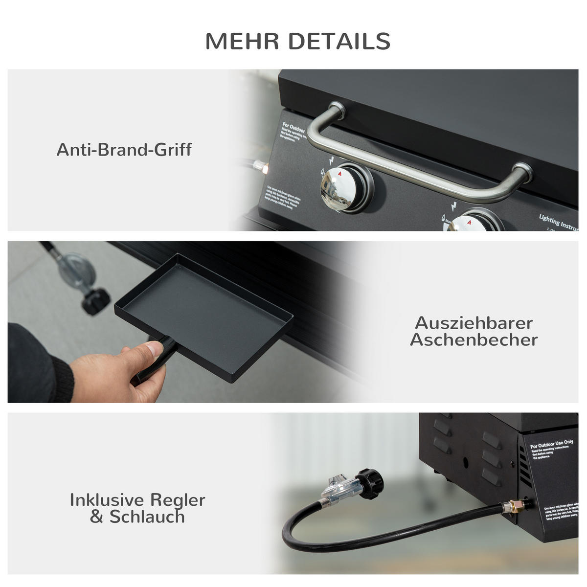 GASGRILL BBQ mit 2 Brennern mobil Edelstahl Schwarz 55 x 46,5 x 41 cm - Schwarz, Metall (46.5/41/55cm) - Outsunny