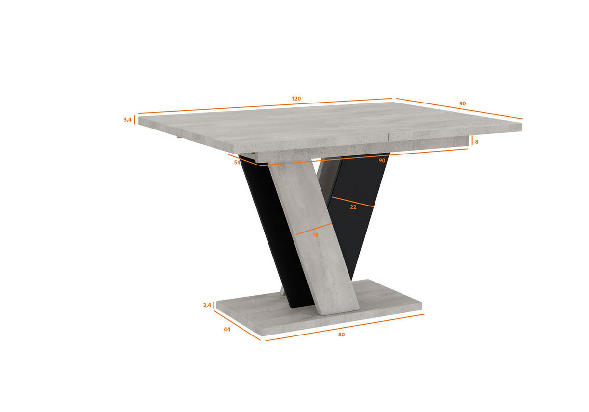 ESSTISCH Ausziehbar 120 - 160 cm Betonoptik und Schwarz - Schwarz/Grau, Holzwerkstoff (120/90/75cm) - PROSPERO
