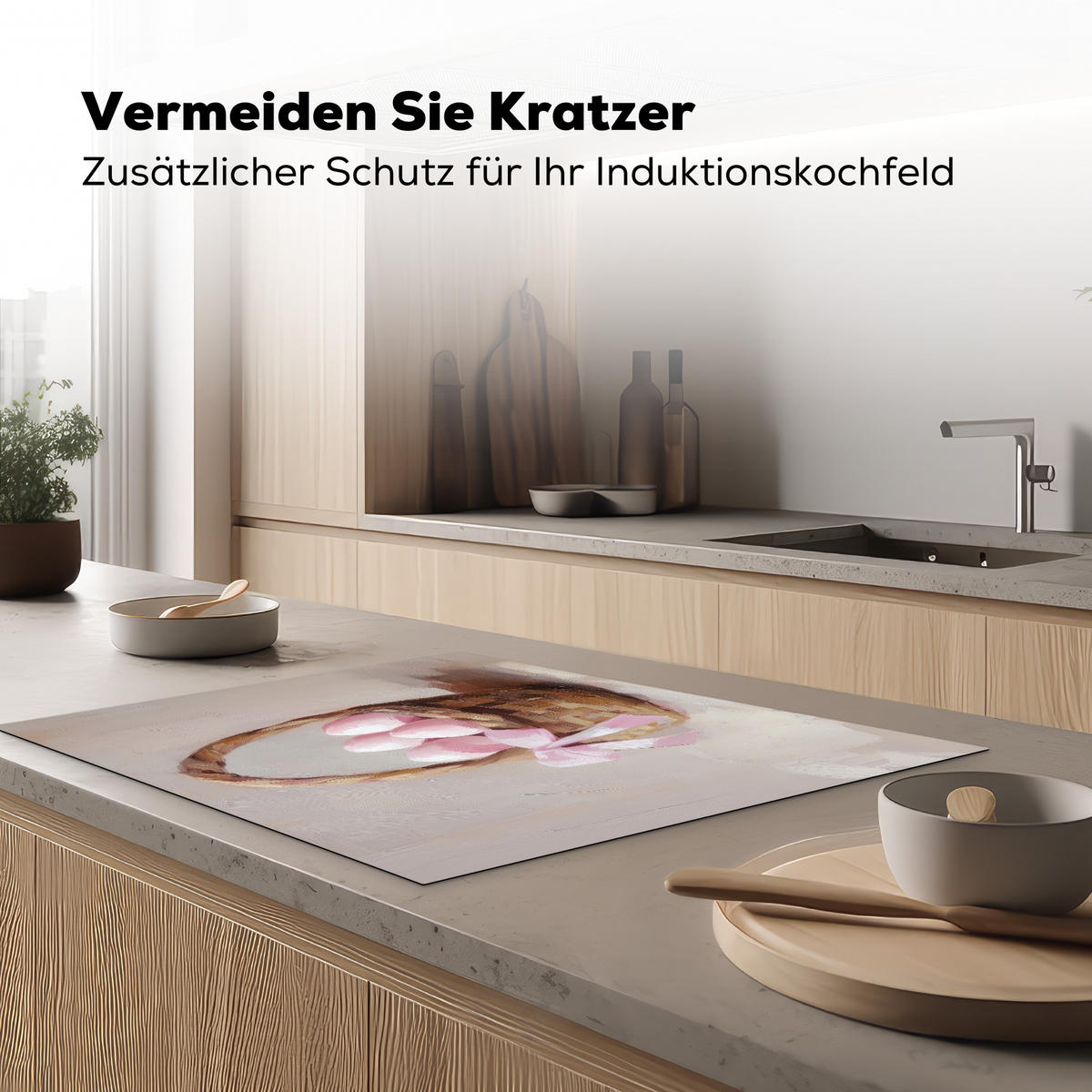 HERDABDECKPLATTE Korb - Eier - Rosa Induktionsmatte 77x59 cm - Beige, Kunststoff (77/59/0.2cm) - MuchoWow