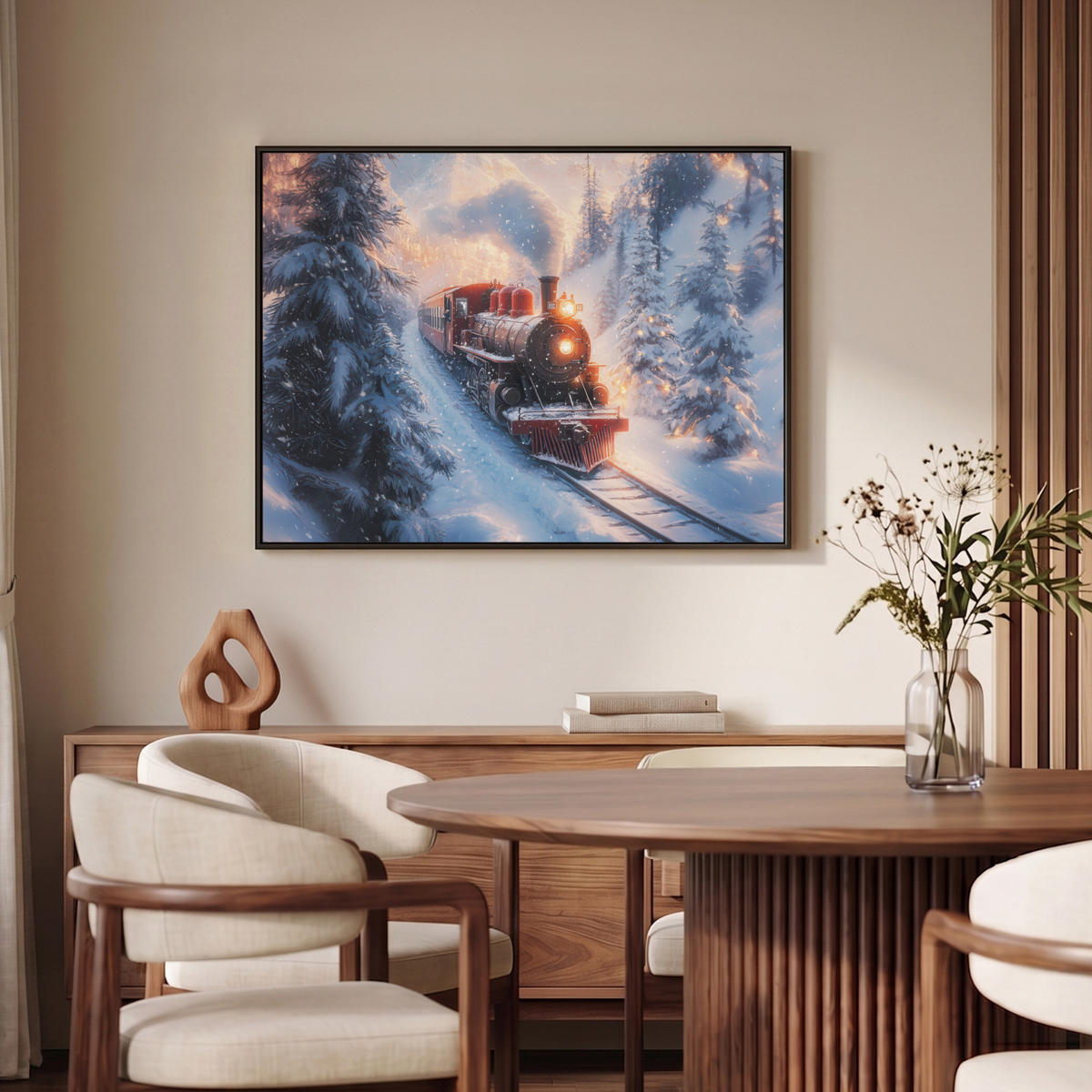 LEINWAND Bilder mit Rahmen - Weihnachtszug - Schnee - Winter - Weihnachten - 100x70 - Dunkelrot, Textil (100/70cm) - MuchoWow