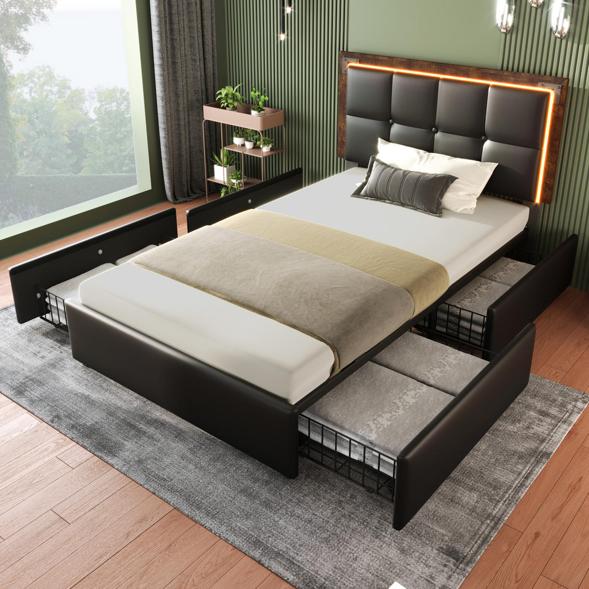 BETT mit LED und 4 Schubladen 90x200 cm PU Schwarz inkl. Matratze - Schwarz, Metall (90/200cm) - Meubliv