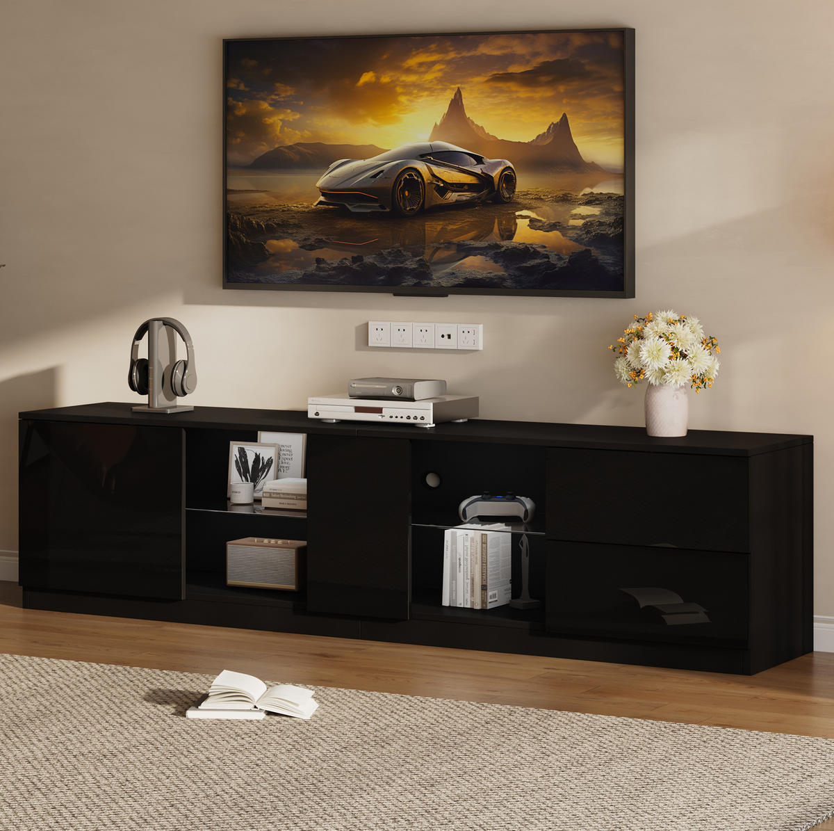 TV-LOWBOARD aus MDF 160x40x52 cm Schwarz mit LED-Beleuchtung, 2 Schubladen und Hochglanzfront - Schwarz, Holzwerkstoff (160/52/40cm) - IVMEU