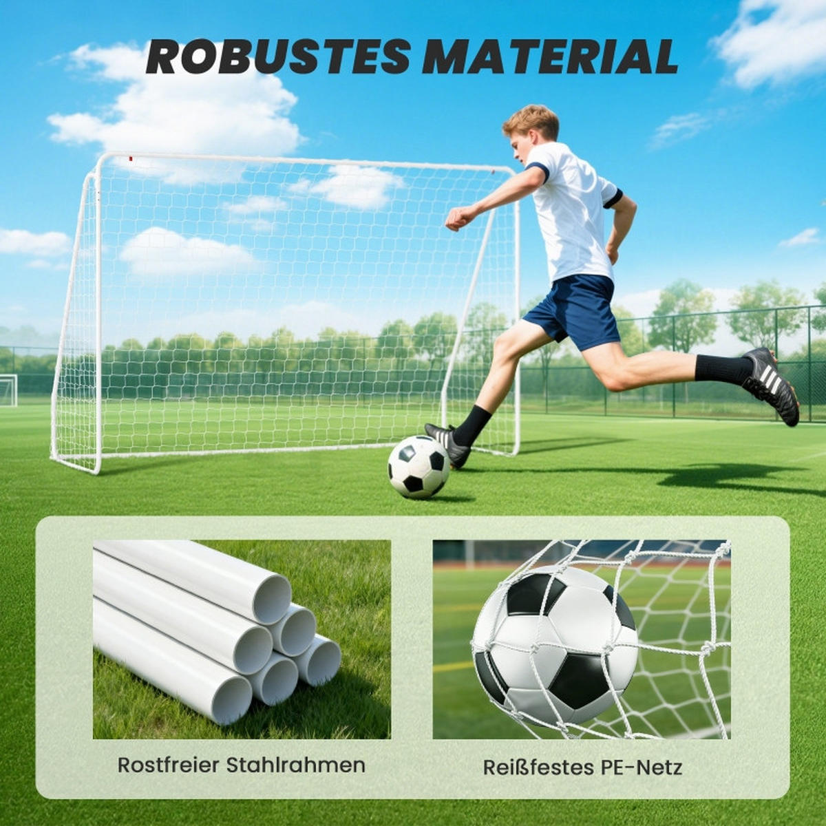FUSSBALLTOR DE-09881 mit Trainingskäfig, UV-beständig Weiß - Weiß, Metall (120/301cm) - ComfortXL