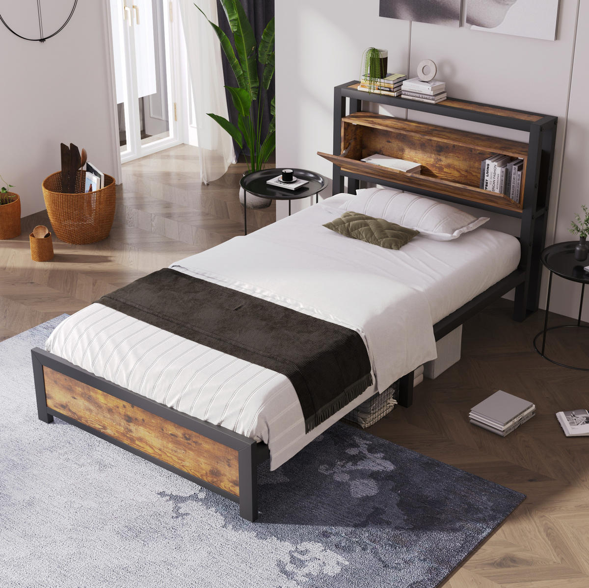 METALLBETT 90/200 cm mit Stauraum-Kopfteil in Natur/Schwarz im Industrial-Stil - Naturfarben, Metall (90/200cm) - Flora Grace