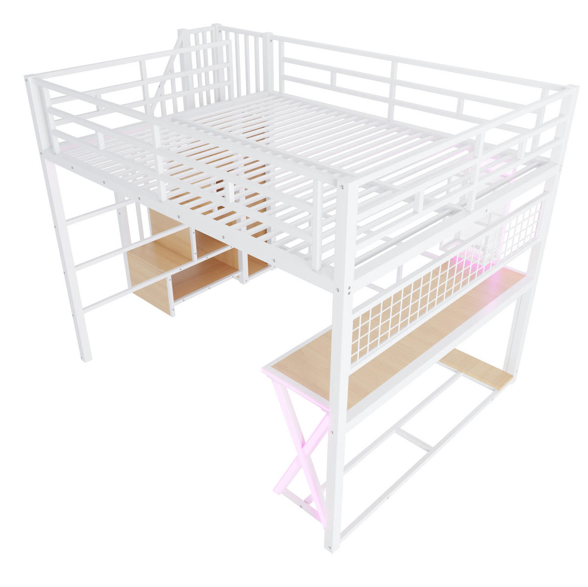 HOCHBETT aus Metall und MDF 160x200 cm Weiß mit LED-Beleuchtung, Schreibtisch und Kleiderschrank - Weiß, Holzwerkstoff (160/200cm) - Modfu