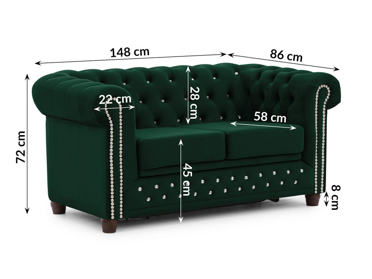 CHESTERFIELD-SOFA 2-Sitzer mit Schlaffunktion Cleo Blink Flasche Grün Samt mit Kristallsteppung und braunen Massivholzfüßen - Braun/Grün, Holz/Textil (148/72/86cm) - S-Style Möbel