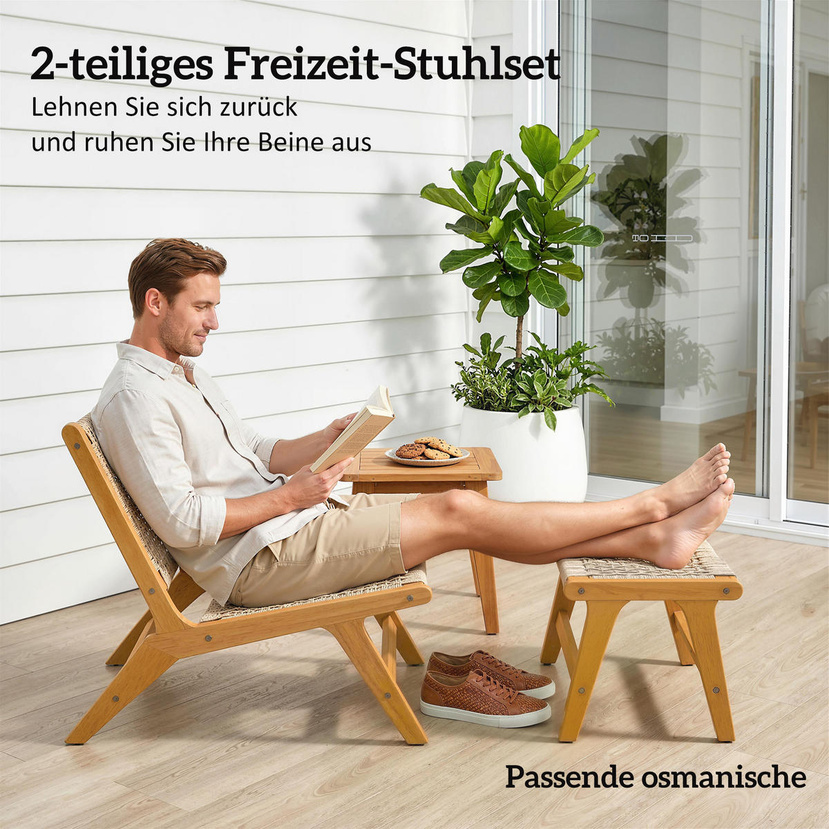 SESSEL-SET DE-07599 2-teilig, mit Fußhocker aus Akazienholz und Rattan-Sitz Natur - Beige, Holz/Kunststoff (60/73.5/83cm) - ComfortXL