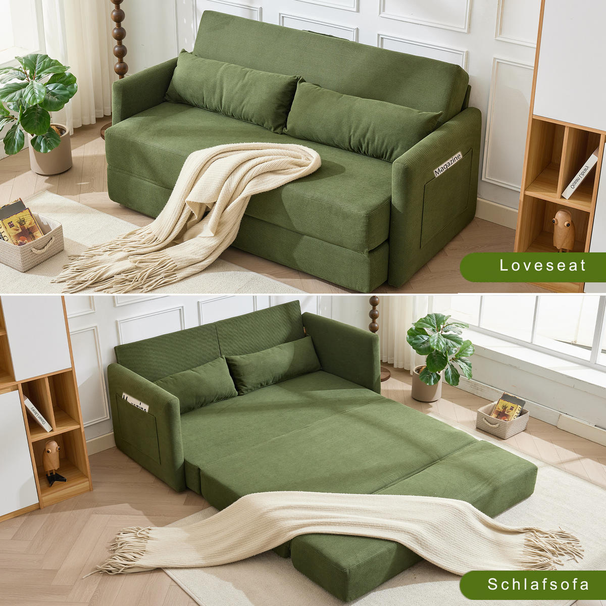 2-SITZER SCHLAFSOFA Cord Grün mit Kissen und Magazintaschen - Grün, Holzwerkstoff/Textil (165/67/212cm) - WISHDOR