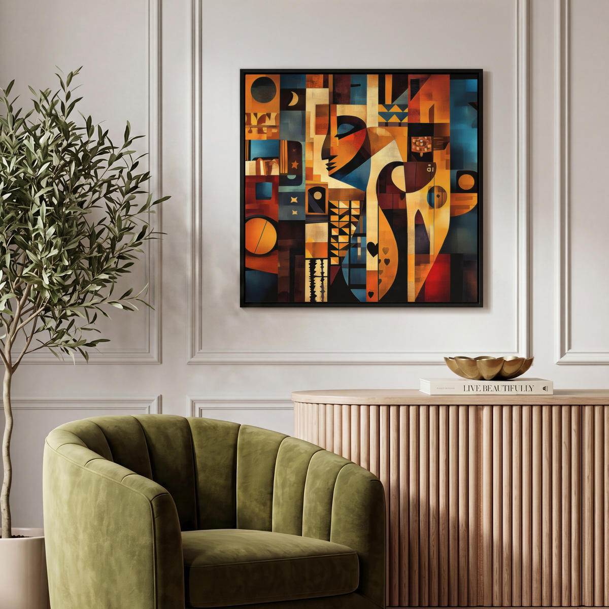 LEINWAND Bilder mit Rahmen - Figuren - Abstrakt - Symbole - 50x50 - Terracotta, Textil (50/50cm) - MuchoWow