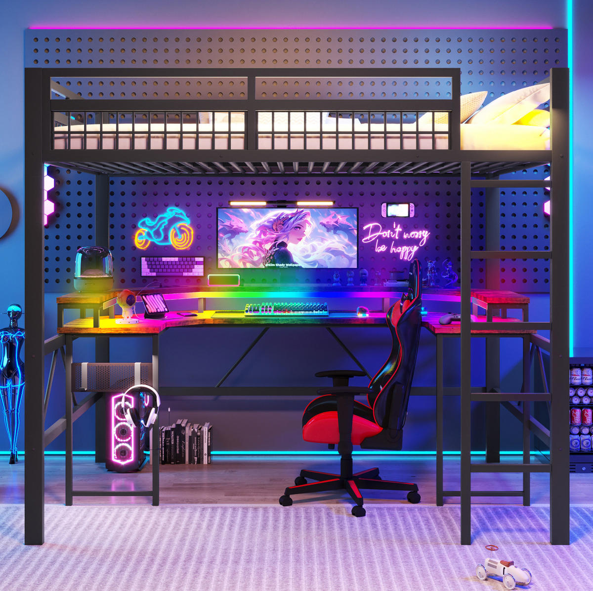 HOCHBETT 140/200 cm aus Metall/MDF mit Schreibtisch und LED-Lichtleiste Schwarz - Schwarz, Metall (140/200cm) - Modenvie