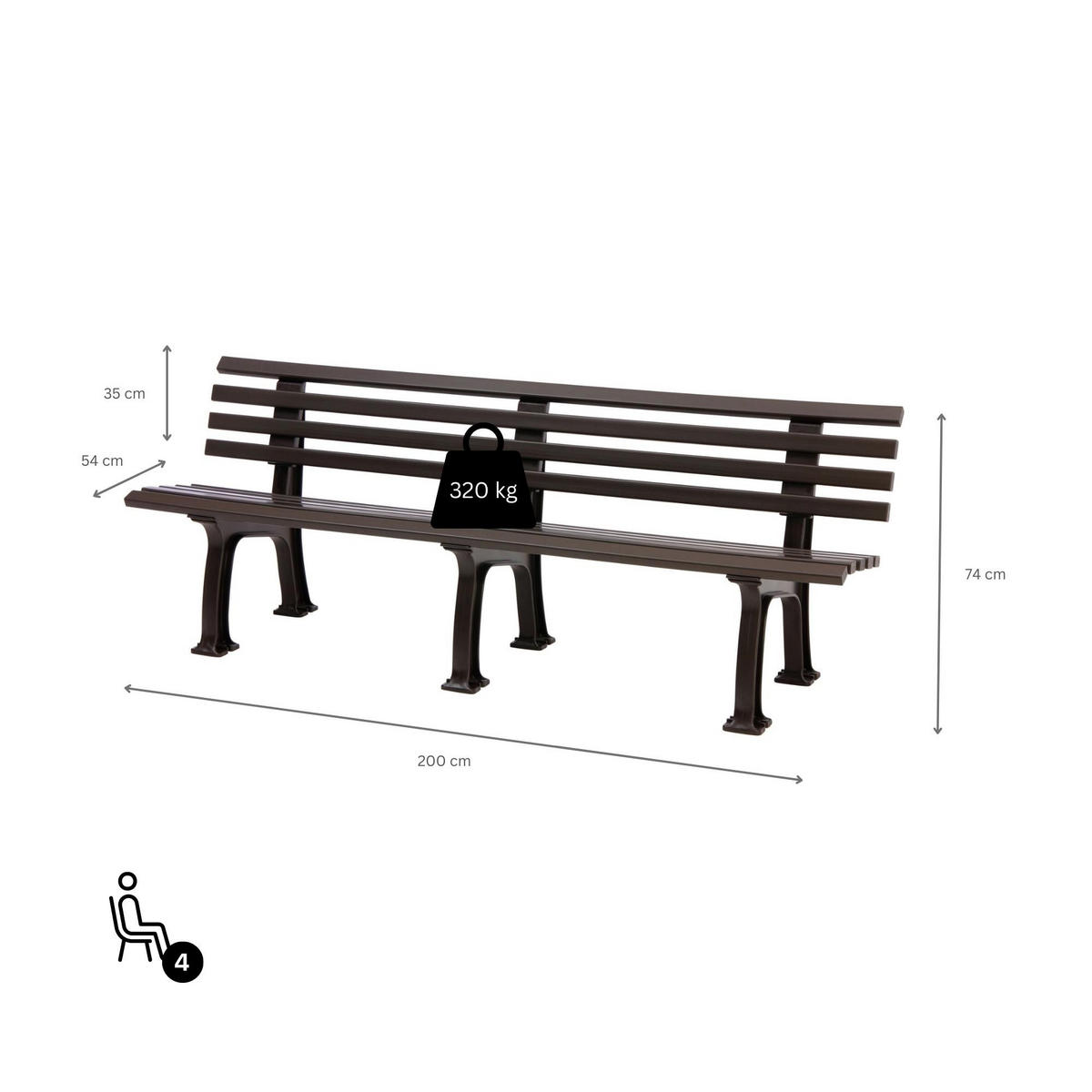 GARTENBANK Antigua 4 Sitzer Braun 74 x 200 x 54 cm Witterungskunststoff & UV Beständiger Kunststoff - Braun, Kunststoff (200/74/54cm) - PROREGAL