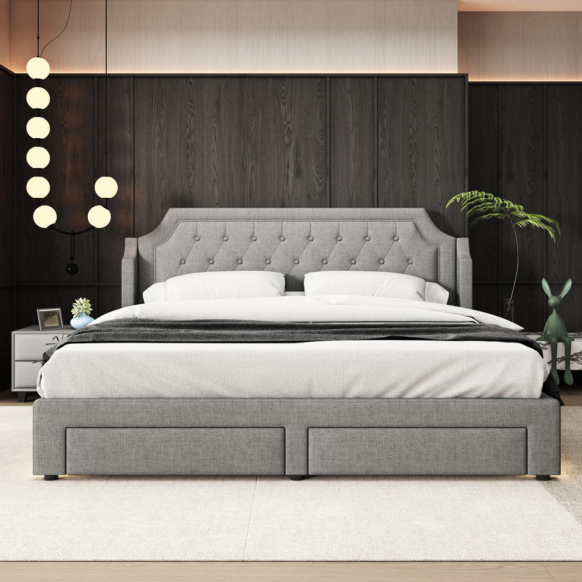 POLSTERBETT 180/200 cm mit LED-Beleuchtung & 2 Schubladen, Leinenbezug in Grau - Grau, Textil (180/200cm) - Redom