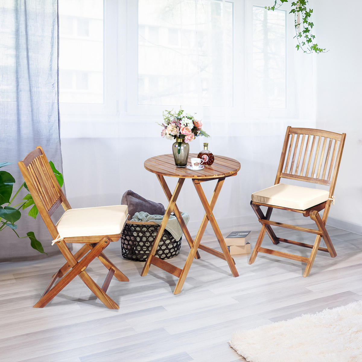 TERRASSENMÖBEL-SET Beige(3-teilig) - Beige, Holz - COSTWAY