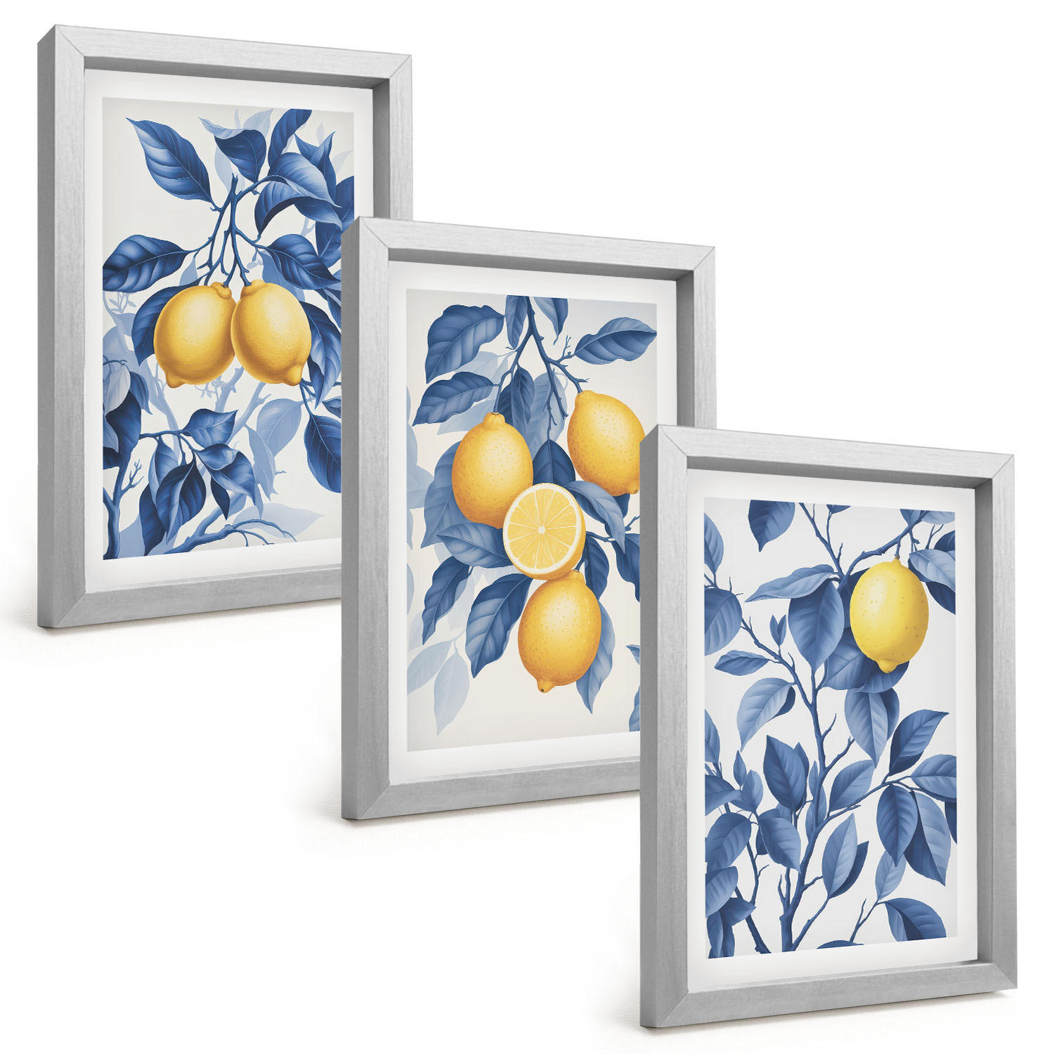 BILDER SET 3er Set - 20x30 cm Silberner Rahmen - Zitronenzweige mit blauen Blättern - Silberfarben, Kunststoff (20/30cm) - TULUP