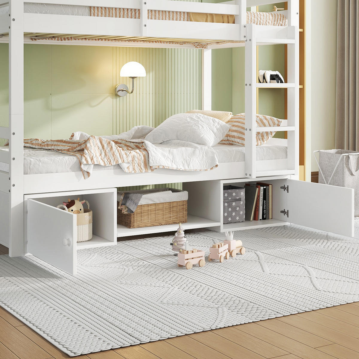 ETAGENBETT 90/200 cm Weiß mit Schuhregalen und Schließfächern aus Massivholz - Weiß, Holzwerkstoff (90/200cm) - OKWISH