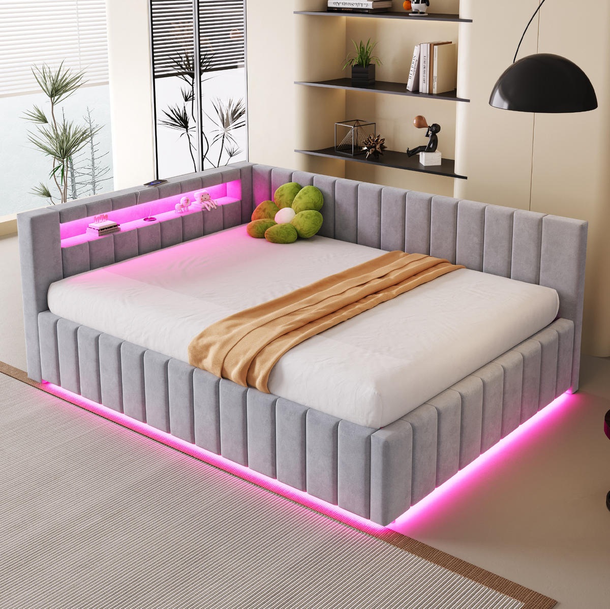 POLSTERBETT 140/200 cm aus Samt mit LED-Beleuchtung USB und Stauraum Grau - Hellgrau, Textil (140/200cm) - Modenvie