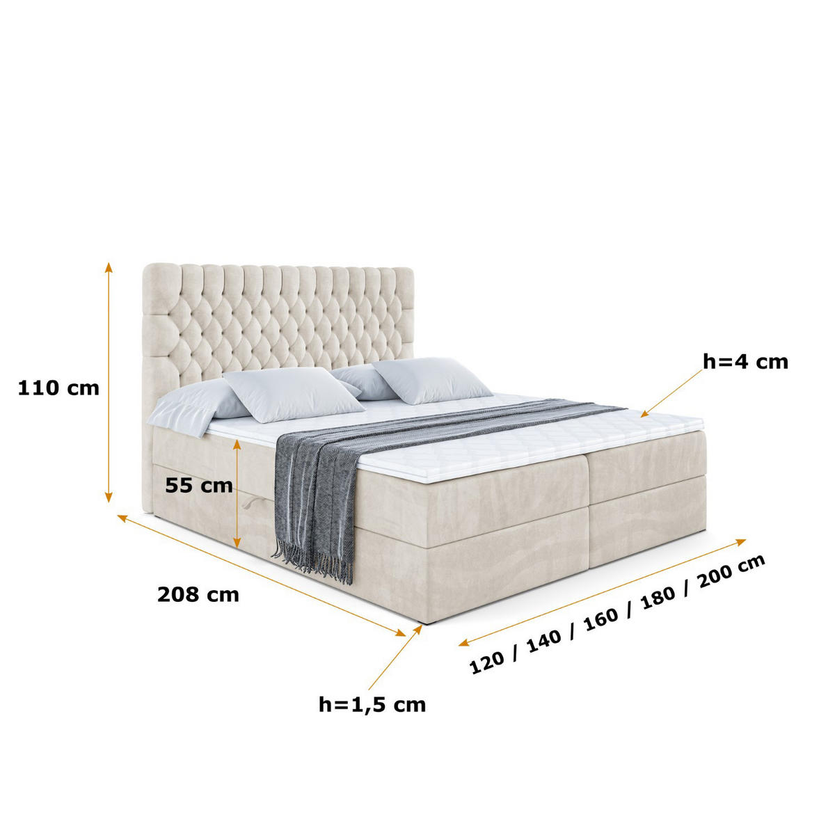 BOXBETT mit Matratze H4 und Lattenrost - SERENE - 120x200 - H4 - Creme - Creme, Holzwerkstoff (120/200cm) - ALTDECOR