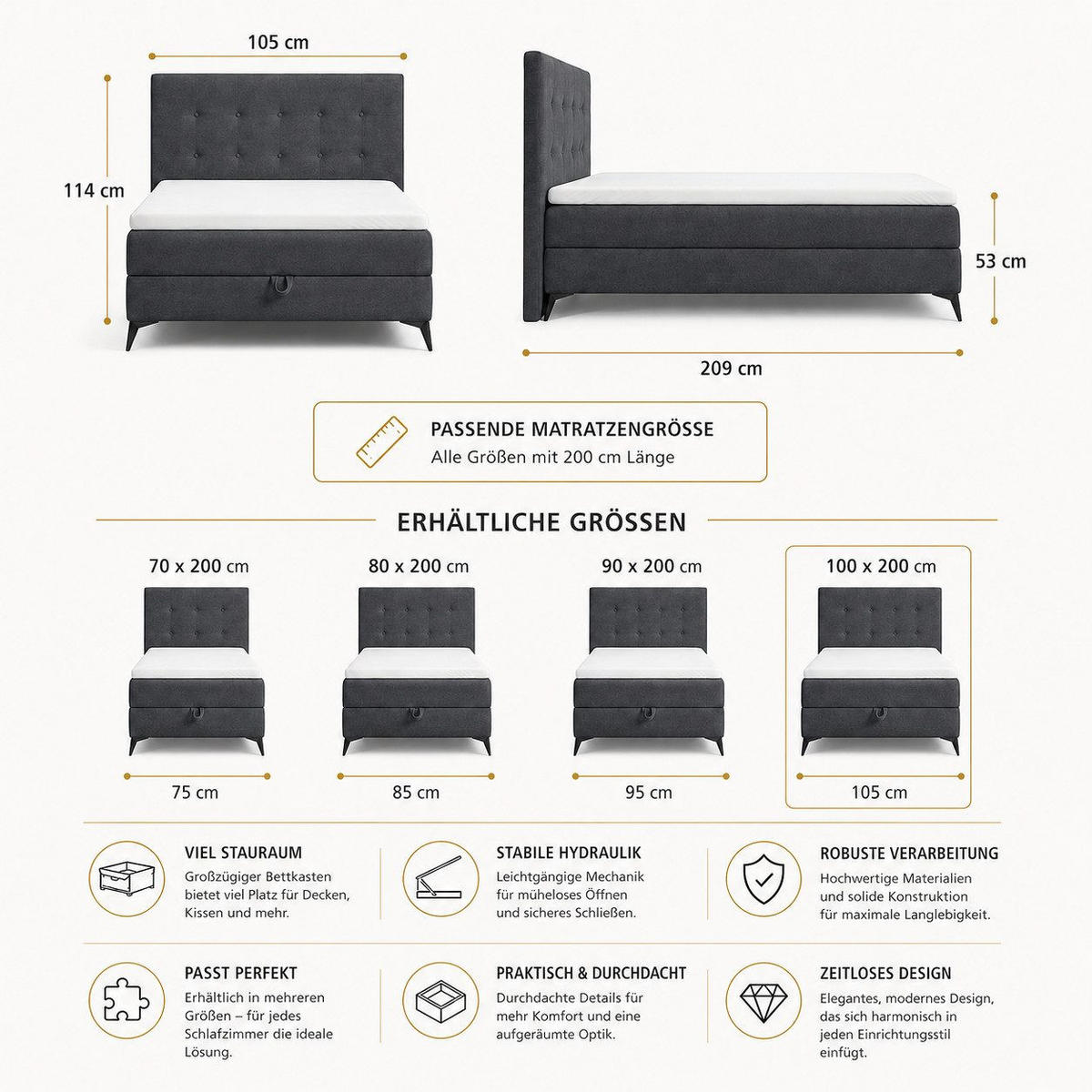 BOXBETT K15 Single SLIM mit Bettkasten & Bonell-Federkern inkl. Topper - Schwarz, Holz/Textil (200/100cm) - Best For Home