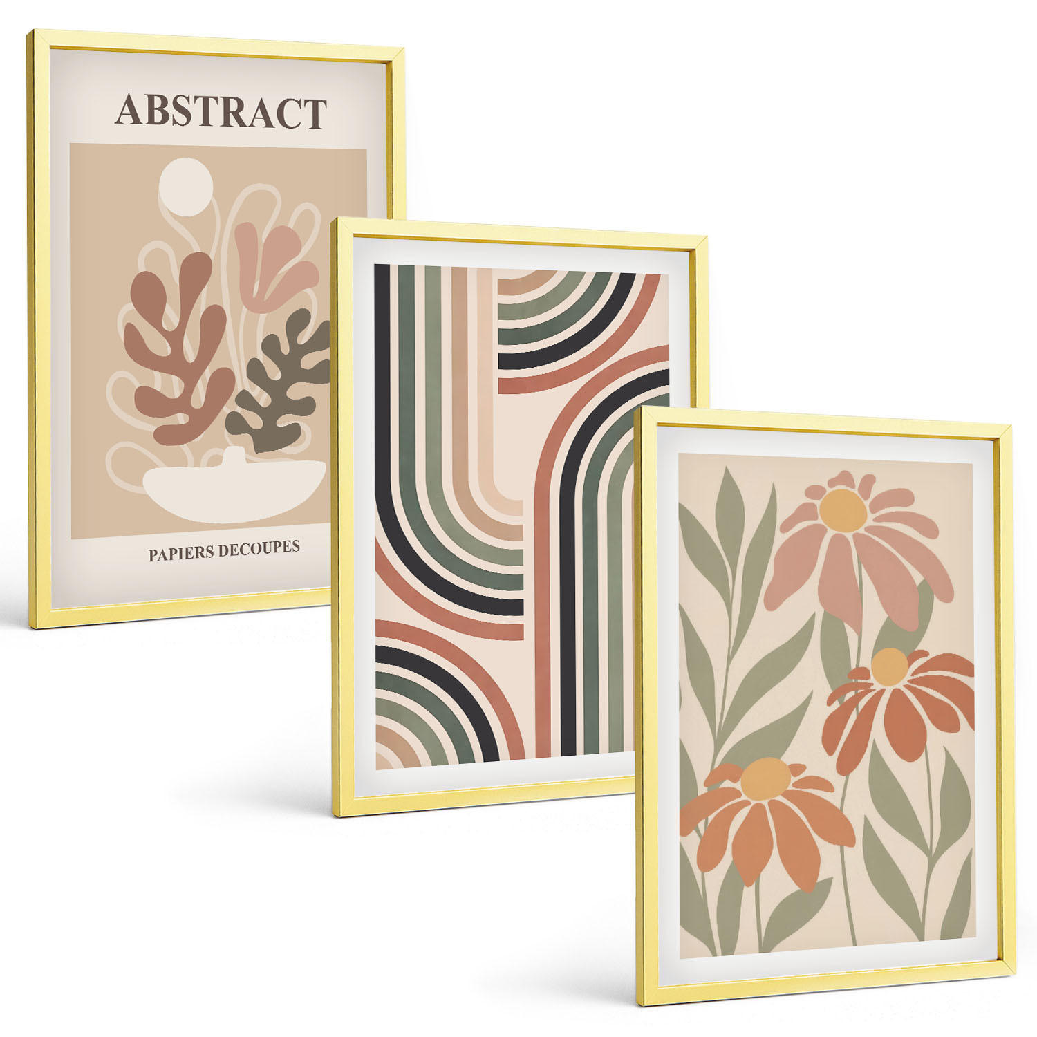 BILDER SET 3er Set - 40x60 cm Goldrahmen - Abstrakte Pflanzen in Pastellfarben - Goldfarben, Kunststoff (40/60cm) - TULUP