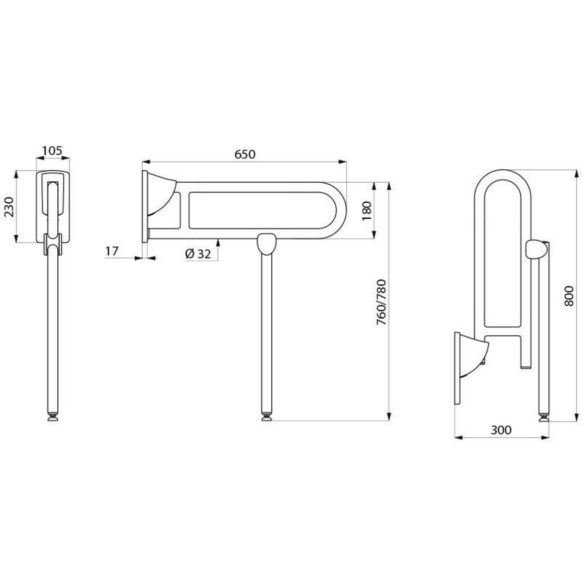 STÜTZKLAPPGRIFF mit Fuß D32 L650 mm Nylon weiß - Weiß, Metall (34.5/13.5/90cm) - Delabie