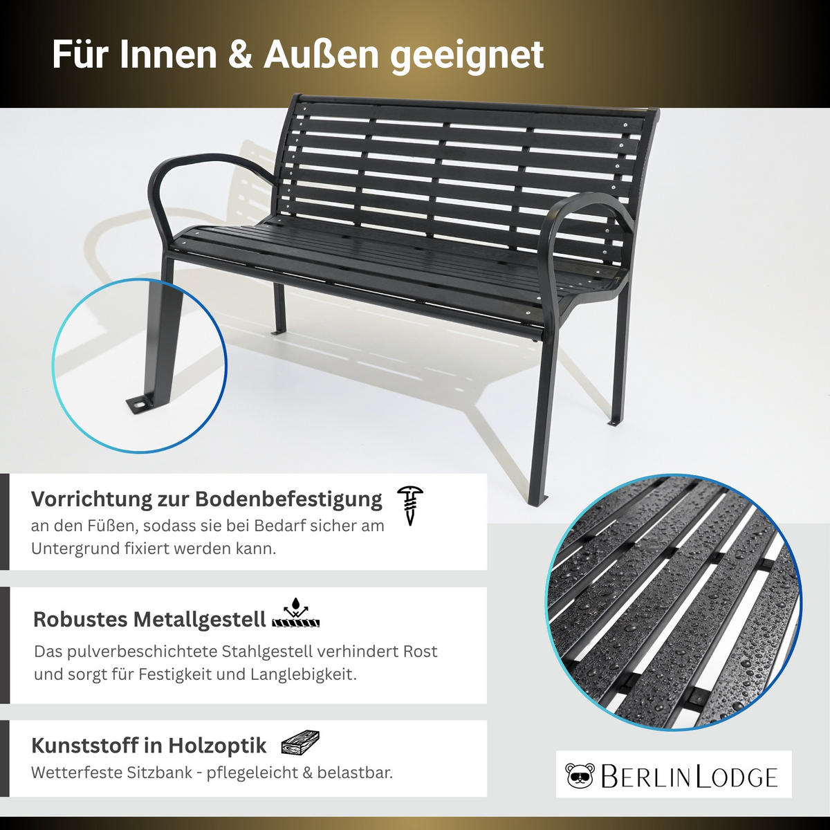 GARTENBANK MYKONOS in Holzoptik 3-Sitzer 80x126x60cm Schwarz - Schwarz, Kunststoff/Metall (126/80/60cm) - BERLINLODGE