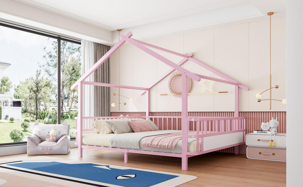 KINDERBETT 140/200 cm in Rosa mit Sicherheitsgitter und Dachrahmen aus Metall - Rosa, Metall (140/200cm) - CHICFURN