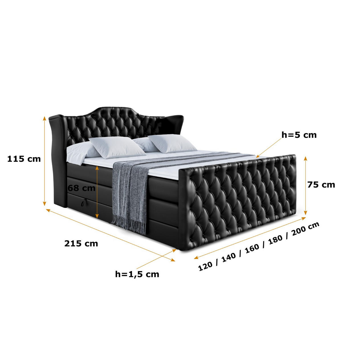 BOXSPRINGBETT VILA-Z KING - 200x200 - H3/H4 - Schwarz Hochglanz - Schwarz Hochglanz, Holzwerkstoff (200/200cm) - ALTDECOR