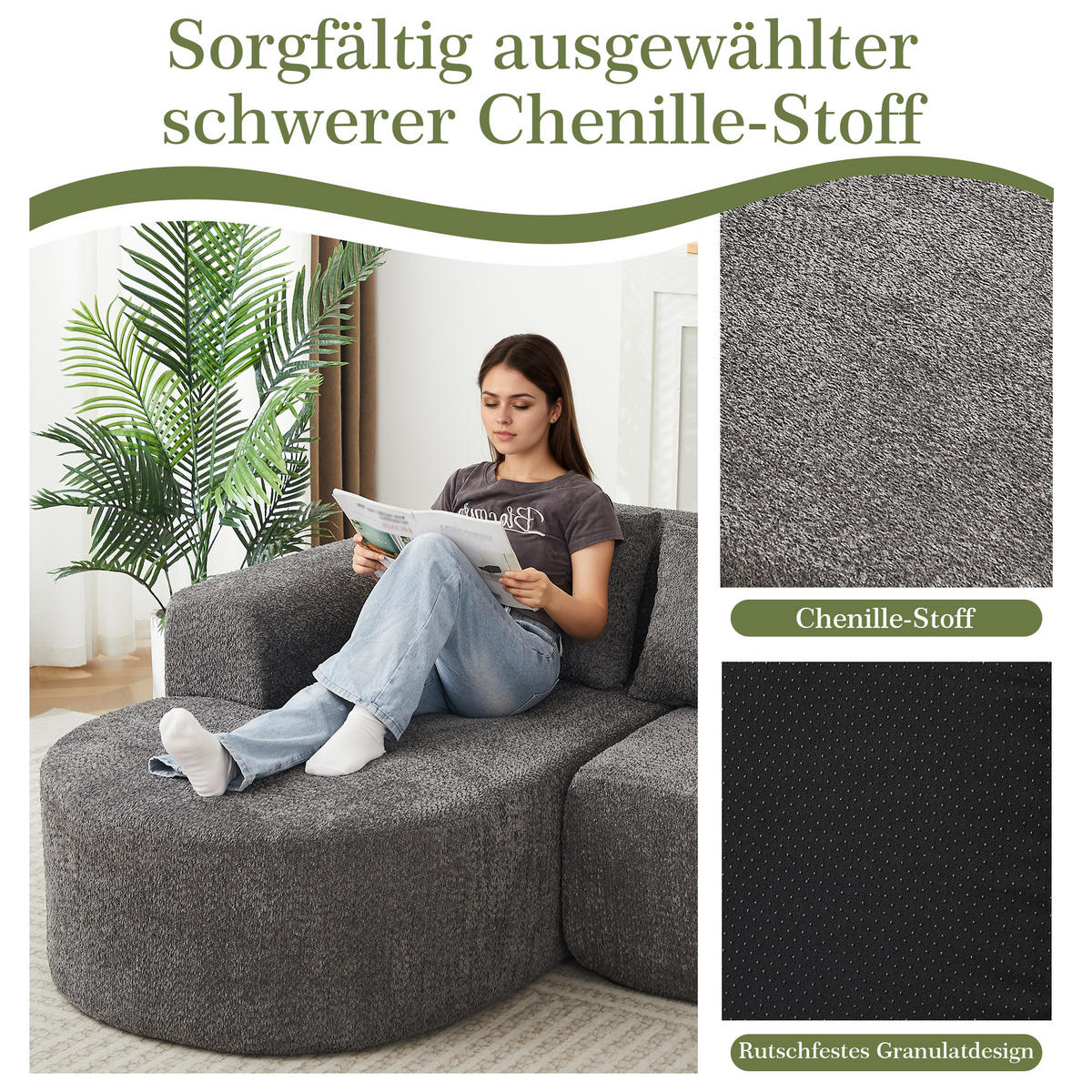 ECKSOFA 222/157/73 cm Grau Chenille mit 3 Kissen (Linke Seite) - Anthrazit, Textil (157/222cm) - Oxeza