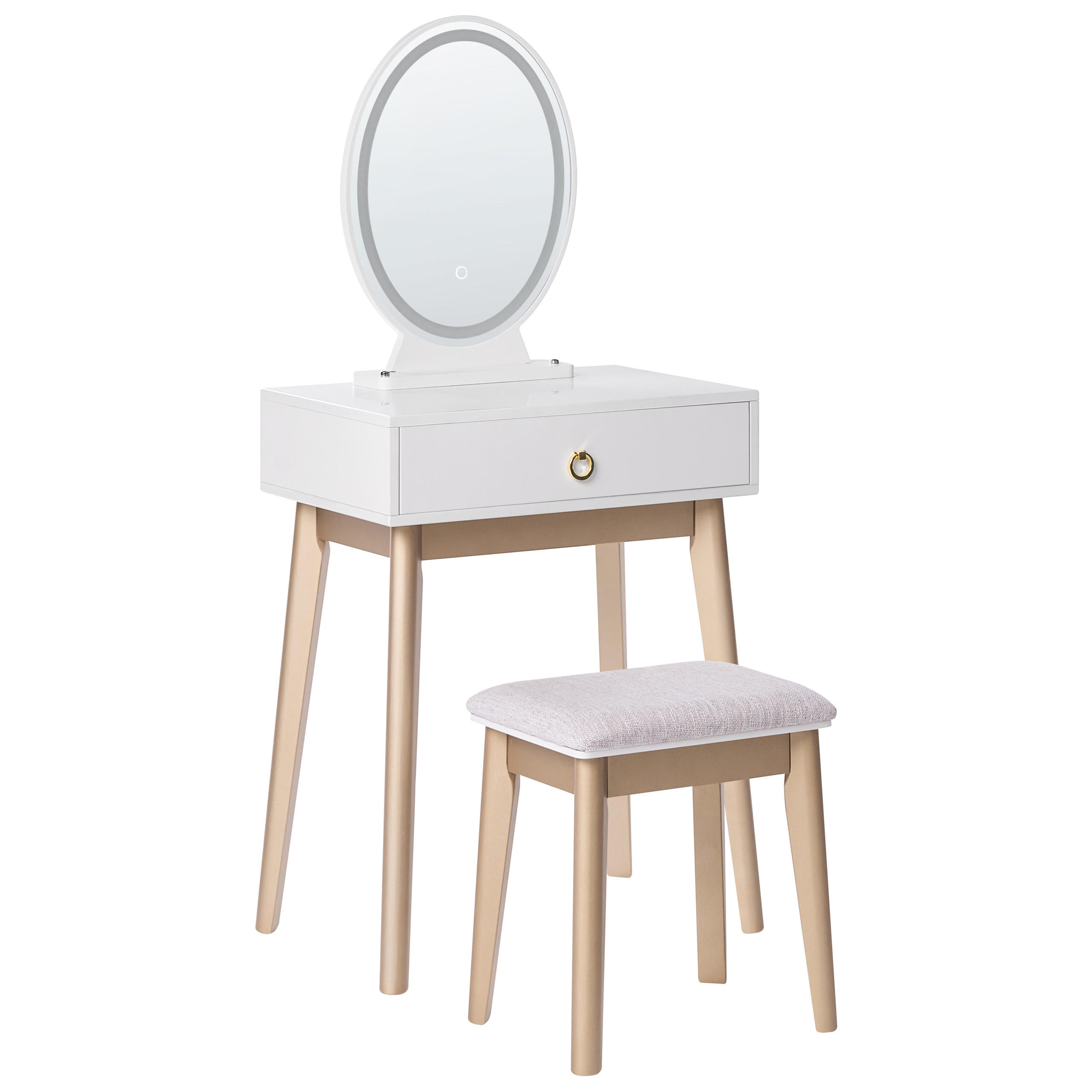 SMINKBORD med oval LED-spegel och pall 3 lådor vitt/guld Rosey - Vit/Beige, Träbaserade material (58/135/40cm) - Beliani