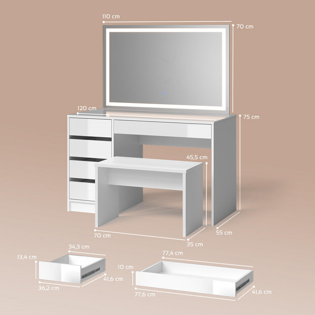 SCHMINKTISCH Imola Weiß mit LED-Spiegel und Bank - Weiß, Holzwerkstoff (120/75/55cm) - Livinity®