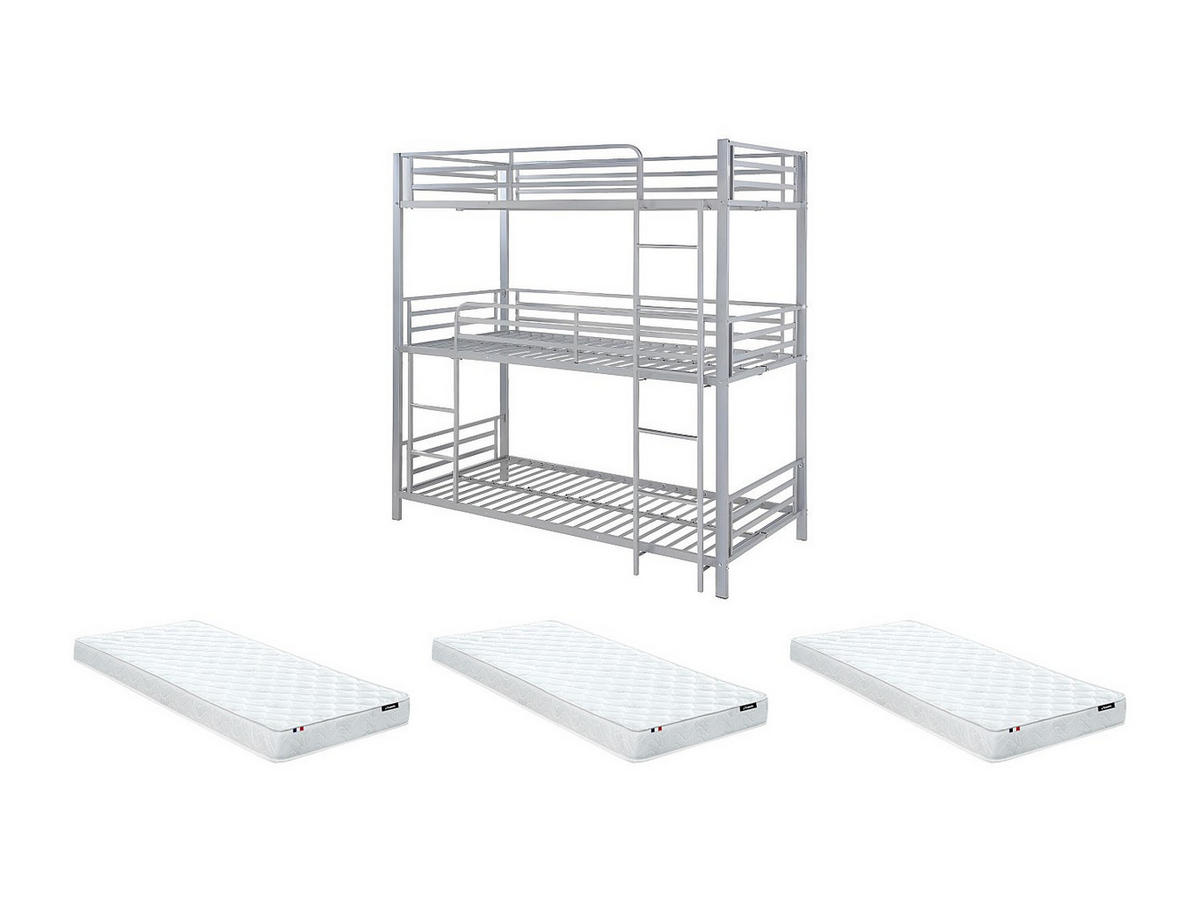 ETAGENBETT mit Matratze - 3 Personen - 3 x 90 x 190 cm - Metall - Silberfarben - ELOUAN III - Silberfarben, Metall - Vente-Unique